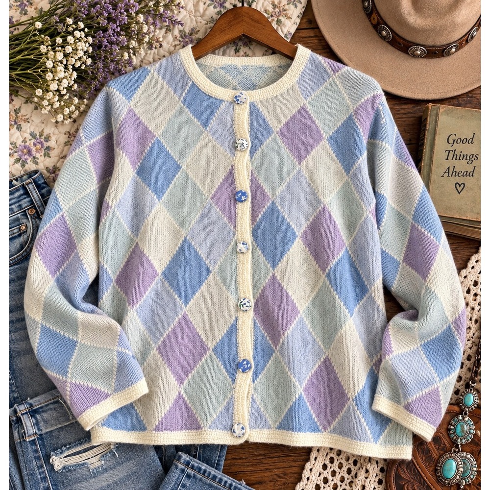 Talbots Argyle Cardigan Sweater Large Blue Purple Cream 90s Y2K vintage